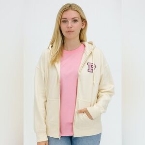 VS PINK Ivy Fleece Campus Full Zip Hoodie Winter White S NWT